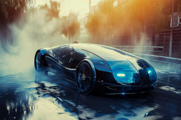 hydrogen fuel cell car emitting only water vapor - obrazy, fototapety, plakaty