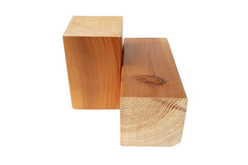 cut wooden beams on isolated white background, close-up