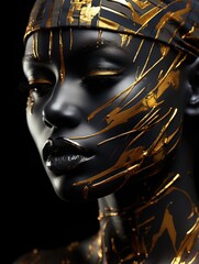 Beautiful black woman in gold clothes, portrait of an African-American woman on a black background.