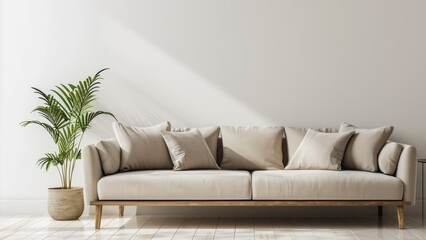 Minimalist living room wall design with sofa in light beige and gray tones, simple style
