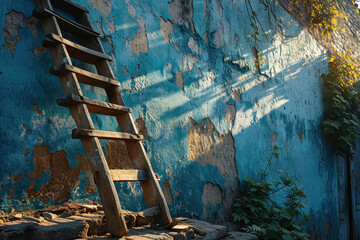 Holzleiter vor einer blauen Wand