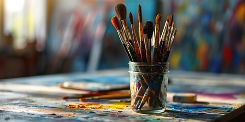 Fototapeta premium On the blurred art office table brimming with an array of vividly colored brushes takes center stage. Against this creative backdrop, a mesmerizing fusion of colors and textures awakens the senses