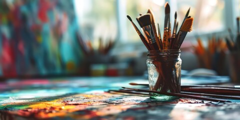 On the blurred art office table brimming with an array of vividly colored brushes takes center stage. Against this creative backdrop, a mesmerizing fusion of colors and textures awakens the senses - Powered by Adobe
