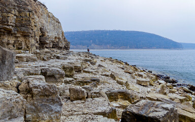 rocks on the bank of the Volga river in the Zhiguli mountains on an autumn day