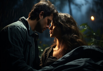 A romantic couple cuddling together in bed at night and engaging in a passionate conversation
