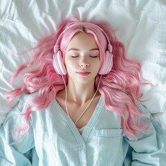 Happy funny teen girl with pink hair wearing headphones and enjoying beautiful music or dreaming. 