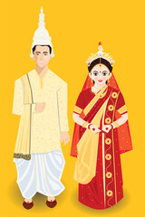 Obraz premium Bengali Bliss: A Vector Portrait of Traditional Indian Bride and Groom in Splendid Matrimonial Attire