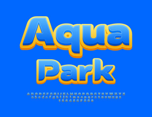 Vector trendy flyer Aqua Park. Blue and Yellow bright Font. Creative set of Alphabet Letters and Numbers.