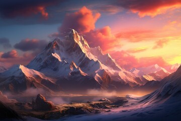 A breathtaking painting capturing the beauty of a mountain range with a stunning sunset backdrop, A surreal snow-capped mountain range during sunset, AI Generated