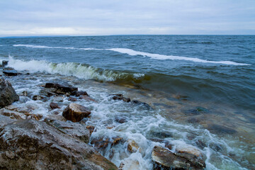 Rocky bank of the Volga near the Zhiguli Mountains on an autumn day