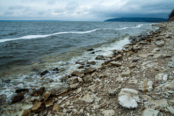 Rocky bank of the Volga near the Zhiguli Mountains on an autumn day