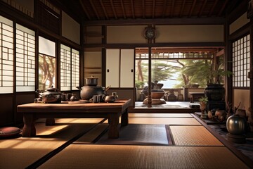 A room filled with a variety of furniture and numerous windows, providing ample natural light, A traditional Japanese home with tatami mats and a tea ceremony setup, AI Generated