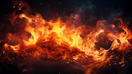 Uma dança de chamas alaranjadas e vermelhas em movimento, destacando-se contra um fundo escuro, com pequenas faíscas.
