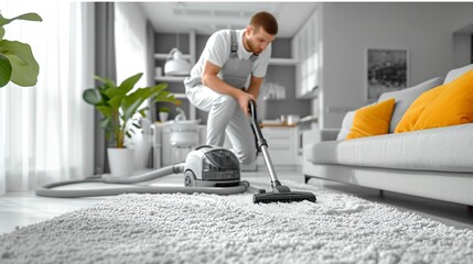 Professional home carpet cleaning with vacuum cleaner. Man doing household chores - obrazy, fototapety, plakaty