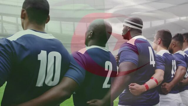 Animation of flag of algeria over diverse male rugby players at anthem at stadium