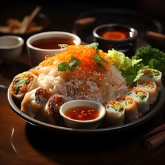 Overhead Shot of Asian Culinary Delight: Chilled Rice Vermicelli in Flavorful Sauce, Accompanied by Crispy Fried Spring Rolls Served in a Bowl