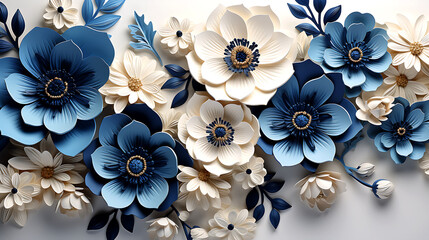 Ethereal Blue Blooms: 3D Flowers Sublimation for Wedding Stationery and Fashion, blue and white flowers