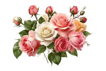 AI generated watercolor bouquet. watercolor flowers and leaves illustration for wedding, greetings, stationary, wallpapers, fashion, background. rose, blossom, olive, green leaves, Eucalyptus etc