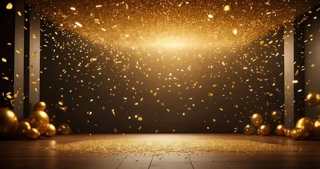 Fotobehang Empty room with gold confetti and spotlight on stage background, abstract golden bokeh light effect with copy space for product presentation mockup © UN