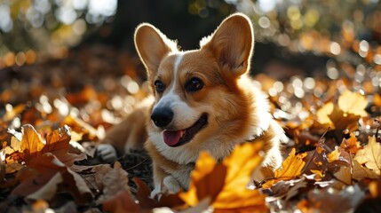  portrait of young corgi dog resting in the park selective focus, bokeh background