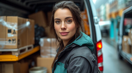 Naklejka premium Portrait of a courier woman near a van full of boxes. 
