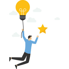 businessman flying with light bulb idea to catch stars in sky. light bulb ideas for success, leadership to get solutions to achieve goals, Creativity or innovation to help achieve business goals.

