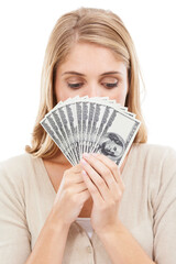 Face, woman and cash in hands with prize or reward, achievement or success on white background. Winner with money fan for investment, dollar bills and financial freedom with bonus or salary in studio