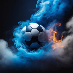 A soccer ball enveloped in blue flames and black smoke