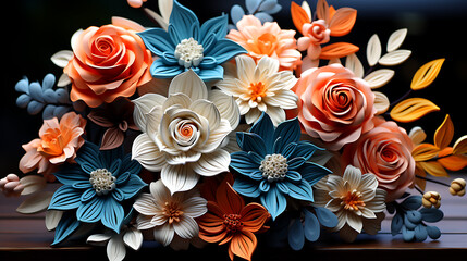 Enchanting Whirlwind 3D Abstract Clay Bouquet with Colorful Blossoms, Paper Craft flowers, and Lively Orange and Blue Leaves
