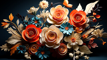 Enchanting Whirlwind 3D Abstract Clay Bouquet with Colorful Blossoms, Paper Craft flowers, and Lively Orange and Blue Leaves