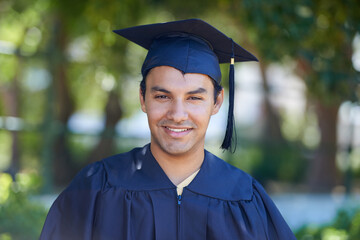 Graduation, portrait and man with smile to celebrate success, education and college scholarship outdoor. Happy university graduate, certified student and pride for achievement of award for knowledge