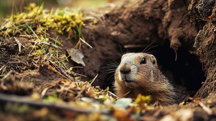 cute fluffy groundhog wakes up in his burrow day, the onset of spring, the change of seasons, prediction in February - obrazy, fototapety, plakaty
