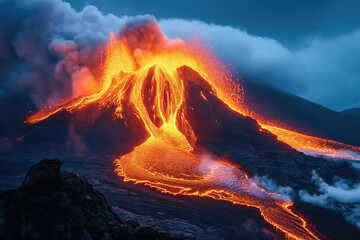 Fototapeta premium close view of a volcanic eruption with lava flows