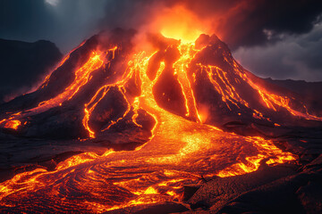 close view of a volcanic eruption with lava flows