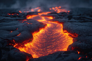 flowing molten hot volcanic lava close up