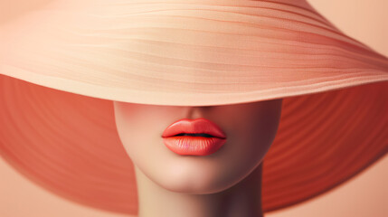 fashion model woman in peach fuzz  color with large hat  covers  half face  ,  close-up  - obrazy, fototapety, plakaty