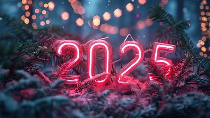 2025, happy new year concept, pink Neon LIght, Lights, Pink, Blue, Night Celebration Banner, Isolated Background, Generative Ai - Powered by Adobe