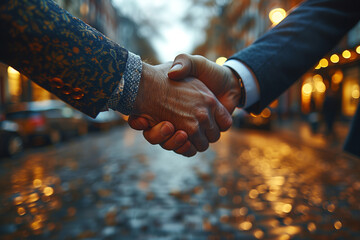 Business Handshake on a City Street at Dusk