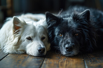 Schwarze und weißer Hund liegen zusammen auf dem Boden - obrazy, fototapety, plakaty