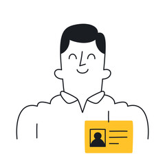 Happy Employee Showcasing ID Badge - Doodle style with an editable stroke.