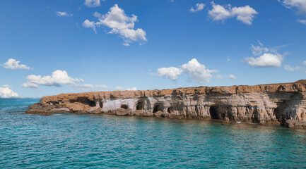 Famous sea caves near Ayia Napa on the island of Cyprus. The coast of the Mediterranean.