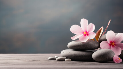 Stack of spa massage stones with pink flowers wellness background
