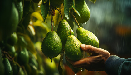 Recreation of hand taking a avocado of  a tre a rainy day - obrazy, fototapety, plakaty