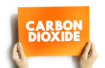 Carbon Dioxide is a chemical compound made up of molecules that each have one carbon atom covalently double bonded to two oxygen atoms, text concept on card