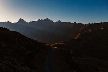 Fototapeta premium Alpine summer sunrise view at Mount Sechszeiger, Pitztal valley, Jerzens, Imst, Tyrol, Austria