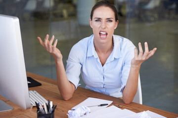 Angry, portrait and business woman frustrated with accounting mistake, audit disaster or bad...