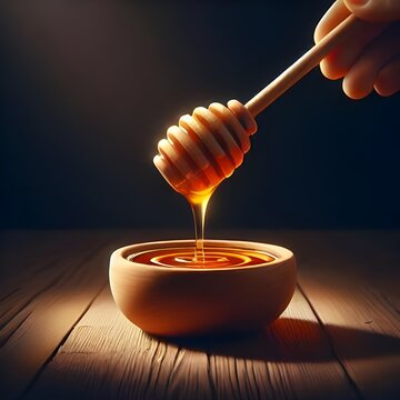 3D illustration of honey dripping into a wooden bowl from wooden honey dipper in dark background