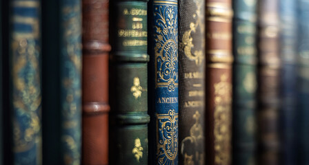 Old books close-up. Title of the book is printed on the spine. Concept on the theme of history, nostalgia, old age, library.  - obrazy, fototapety, plakaty