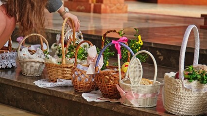 Decorated Traditional Polish Easter Baskets Prepared for Blessing on Holy Saturday Church Service - obrazy, fototapety, plakaty