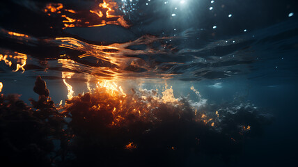 Uma dança de luz e sombras subaquática, com reflexos solares criando tons alaranjados entre bolhas e silhuetas obscuras.